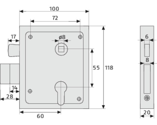 Technische Zeichnung eines Einsteckschlosses mit Maßangaben