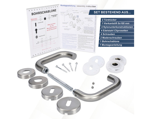 Edelstahl Türdrücker Set mit Montageanleitung und Bohrschablone