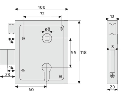 Technische Zeichnung eines Einsteckschlosses mit Maßangaben