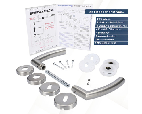 Türdrückergarnitur mit Montageanleitung und Bohrschablone