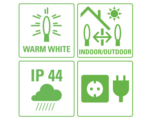 Symbole für warmweißes Licht, Innen- und Außenbereich, Schutzart IP44 und Stecker