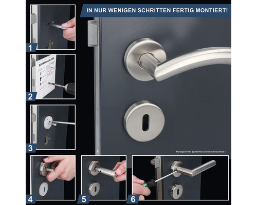 Montageanleitung für eine Türgarnitur in sechs Schritten.