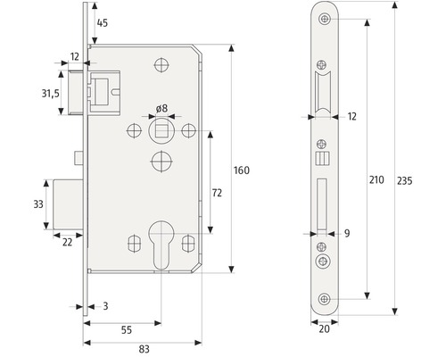 Technische Zeichnung eines Einsteckschlosses mit Maßangaben