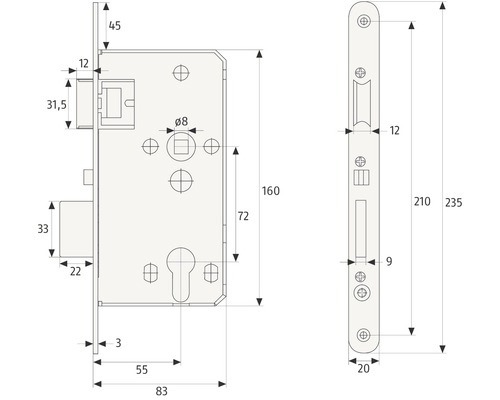 Technische Zeichnung eines Einsteckschlosses mit Maßangaben