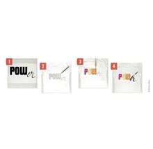 Illustration von vier Schritten zur Gestaltung eines T-Shirts mit dem Wort Power
