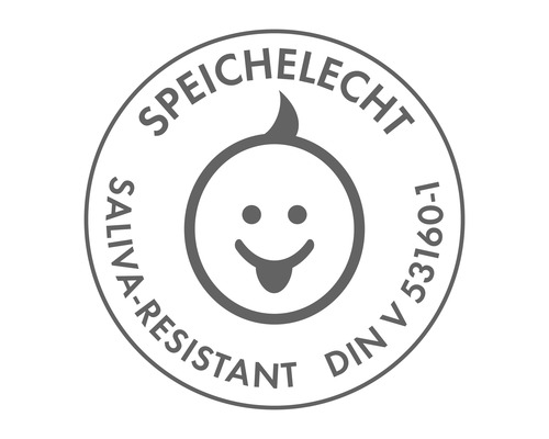 Speichelecht Siegel bedeutet geprüft auf Speichelfestigkeit nach DIN V 53160-1.