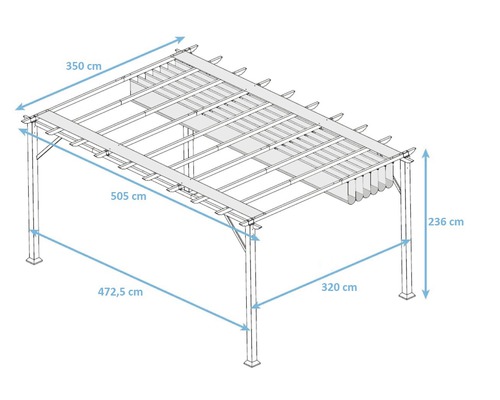 Technische Zeichnung einer Holzpergola mit Maßangaben