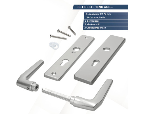 Türbeschlagset mit Langschild, Drückerloch, Schrauben, Vierkantstift und Gleitlagerbuchsen