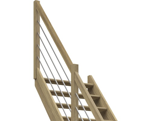 Holztreppe mit Geländer und Edelstahlseilen