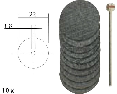 Zehn Schleifscheiben mit Halter und Maßangaben