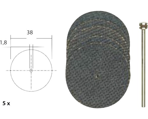 Fünf Trennscheiben mit Werkzeugzeichnung und Aufnahme