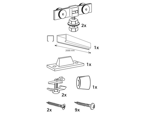 Gleittürbeschlag Set mit Schiene und Zubehör