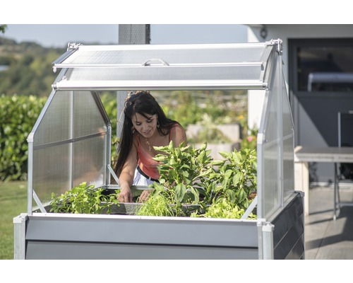 Frau gärtnert in einem Hochbeet mit Frühbeetaufsatz im Garten.