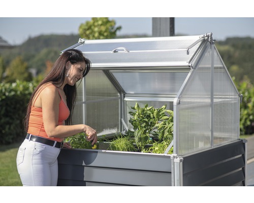 Hochbeet mit Frühbeetaufsatz und Frau bei der Gartenarbeit
