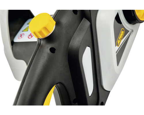 Detailansicht einer Heckenschere mit Drehknopf und Alpina Logo