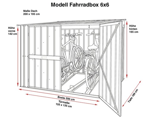 Abbildung einer Fahrradbox 6x6 mit Abmessungen