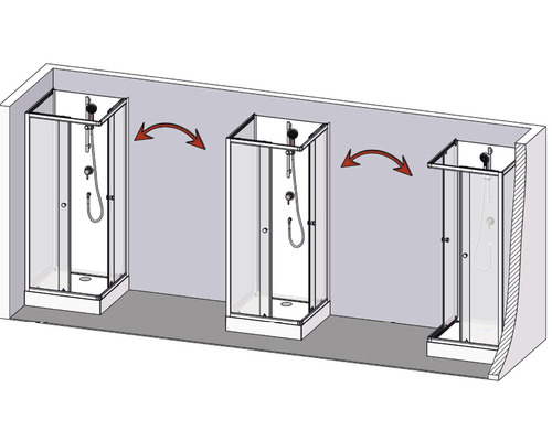 Drei Duschkabinen mit Drehtür und Duscharmatur