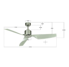 Technische Zeichnung eines Deckenventilators mit Maßangaben.