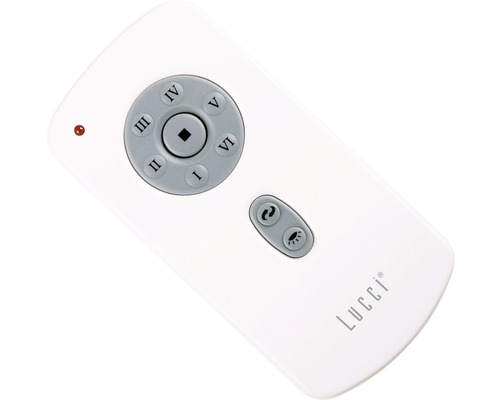 Weiße Lucci Fernbedienung mit sechs Tasten zur Geschwindigkeitsregelung.