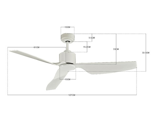 De Abbildung zeigt einen Deckenventilator mit Maßangaben.