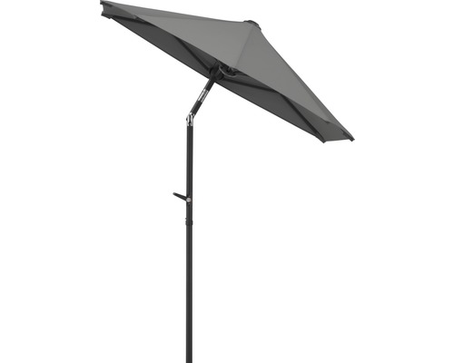 Grauer Sonnenschirm mit verstellbarem Ständer für den Aussenbereich.