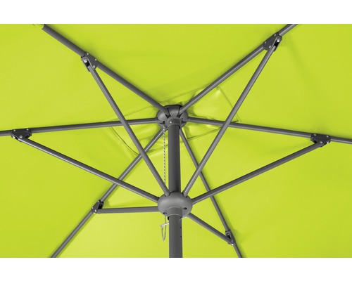 Ansicht der Unterseite eines Sonnenschirms mit Metallrahmen und Stoffbezug