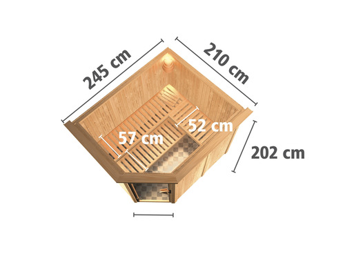 Abmessungen einer Ecksauna mit den Maßen 245 cm, 210 cm und 202 cm