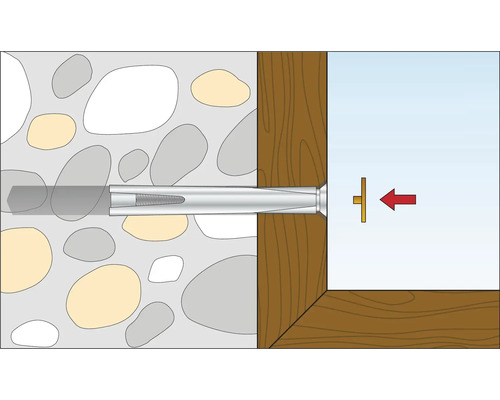 Illustration eines Bolzenankers in einer Steinwand, fixiert durch einen Holzrahmen.