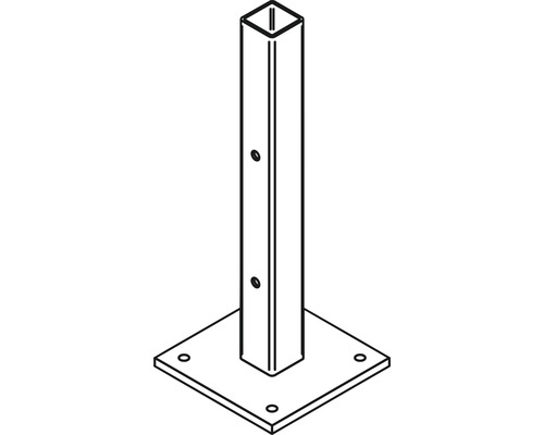 Pfostenfuß aus Metall mit quadratischer Grundplatte und Löchern zur Befestigung