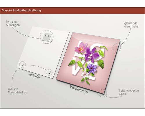 Glasbild mit Blumenmotiv, inklusive Aufhängung und Abstandshalter