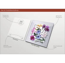 Glasbild mit floralem Design, glänzender Oberfläche, inklusive Aufhängung und Abstandshalter