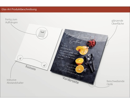 Glasbild mit dem Rezept für Orange Blossom Cocktail, inklusive Abstandshalter, glänzender Oberfläche und Aufhängevorrichtung