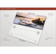 Glasbild mit glänzender Oberfläche, inklusive Abstandshalter und Aufhängung