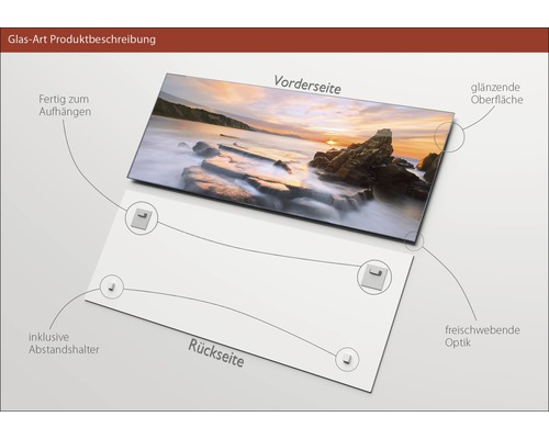 Glasbild mit glänzender Oberfläche, inklusive Abstandshalter und Aufhängung