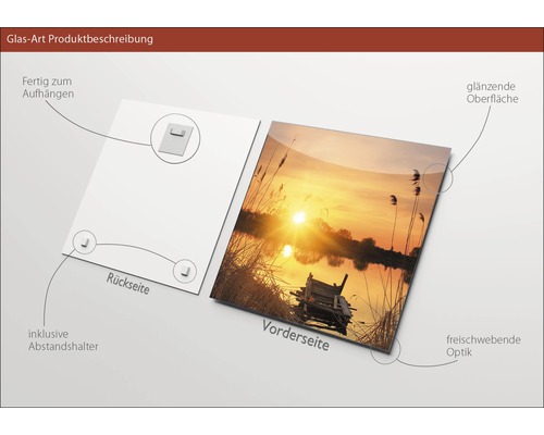 Glasbild Produktbeschreibung: Rückseite mit Aufhängung und Abstandshalter, Vorderseite mit glänzender Oberfläche und schwebender Optik