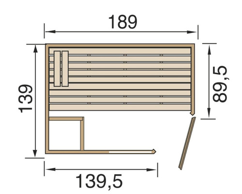 Grundriss einer Sauna mit Maßangaben.