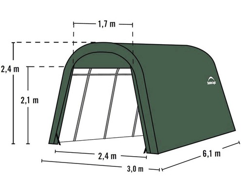 Abbildung einer ShelterLogic Lagerzelts mit Maßangaben