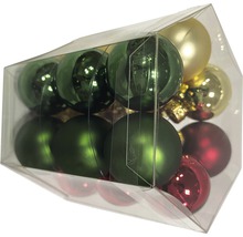 Verpackung mit Christbaumkugeln aus Glas in verschiedenen Farben