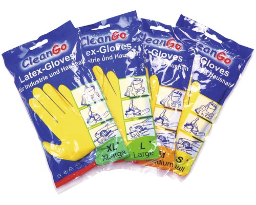 Verschiedene Packungen gelber CleanGo Latexhandschuhe in den Größen Small, Medium, Large und Extra Large