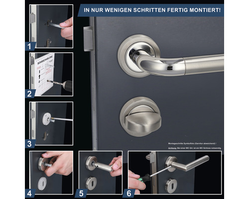 Montageanleitung für eine Türgarnitur mit Türdrücker in sechs Schritten