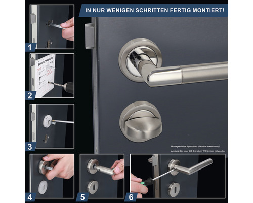 Montageanleitung für eine Türgarnitur mit Türdrücker und Drehknopf für Badezimmer und Toiletten