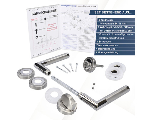 Komplettes Türbeschlagset aus Edelstahl und Chrom mit Bohrschablone und Montageanleitung.