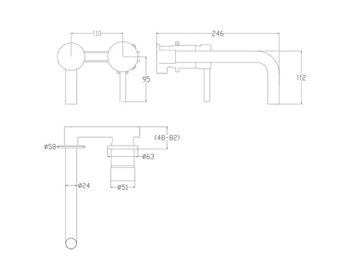 Technische Zeichnung einer Armatur mit Maßangaben