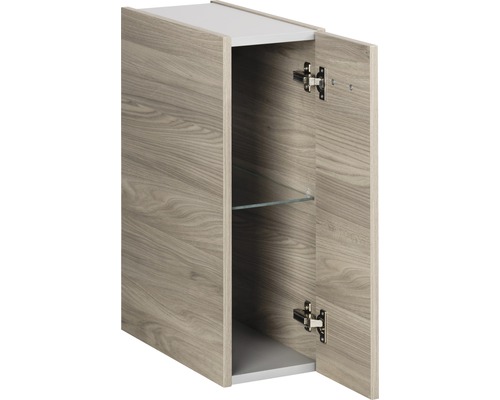 Hängeschrank mit Holzmuster, geöffnet mit einem Glasboden