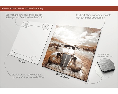 Aluminiumverbundplatte mit einem Motiv bedruckt, Vorderseite und Rückseite mit Aufhängungssystem dargestellt