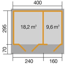 Grundrisszeichnung mit Maßen eines Gartenhauses