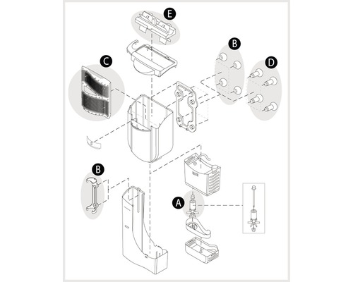 Explosionszeichnung einer Reinigungsstation mit verschiedenen Bauteilen und Befestigungselementen.