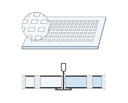 Deckenplatte mit quadratischen Aussparungen und Detailansicht sowie Montageskizze