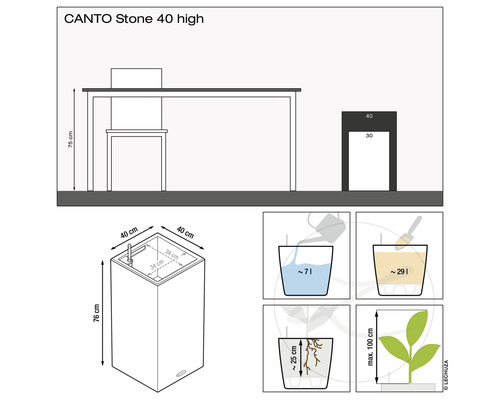 Illustration der Abmessungen und der Kapazität des CANTO Stone 40 Pflanzgefäßes