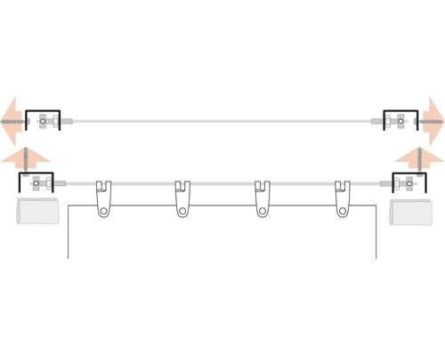 Schematische Darstellung eines Seilspannsystems zur Gardinenbefestigung